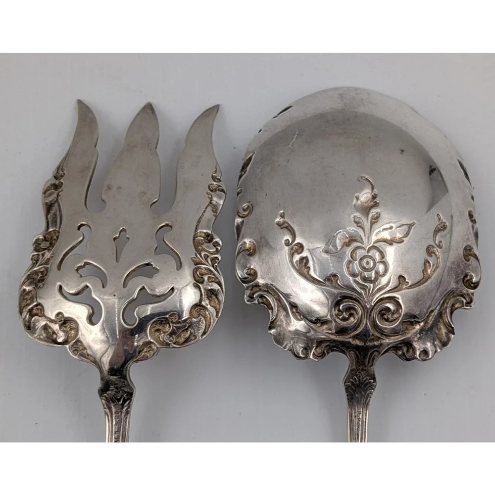Silverplate Salad Fork & Spoon Set Ornate Vintage Wood Handles by M.B. & Co